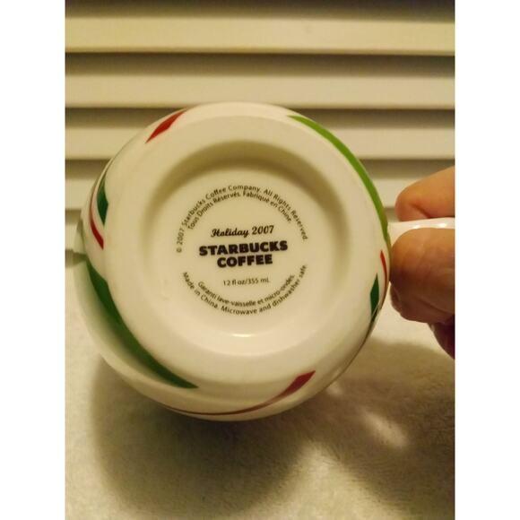 Starbucks White Green Red Stripe 2007 Holiday Christmas 12 oz Coffee Mug Cup - Picture 5 of 5